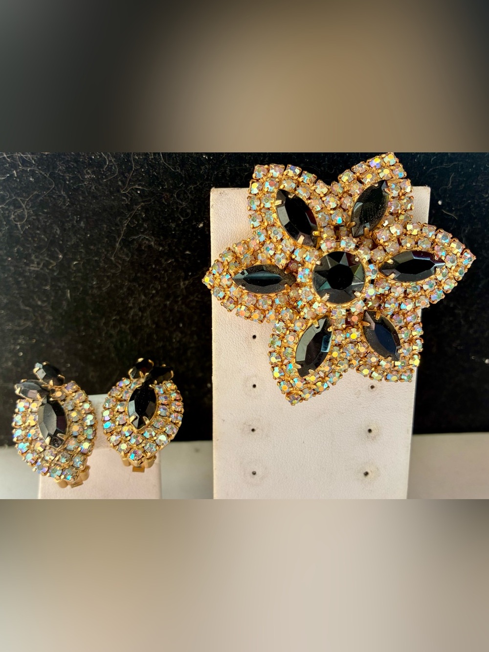 Gold-Tone Black Crystal aurora rhinestones Flower Brooch, Clip-On Earrings Set